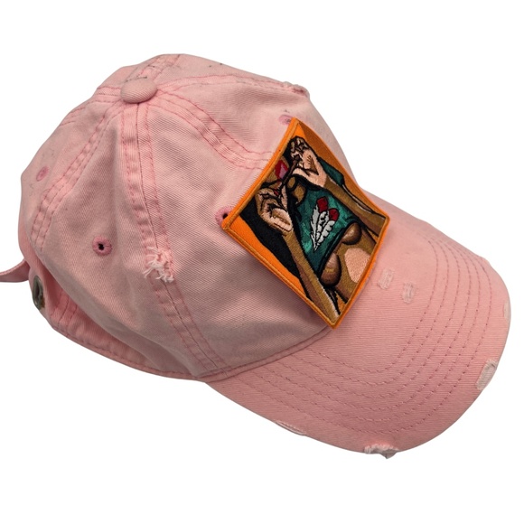Distressed Pink Baseball Cap | Embroidered Graphic Patch Hat | Adjustable Strap - Picture 2 of 3